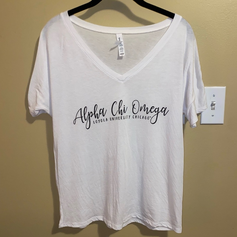 Alpha Chi Omega white flowy v-neck t-shirt